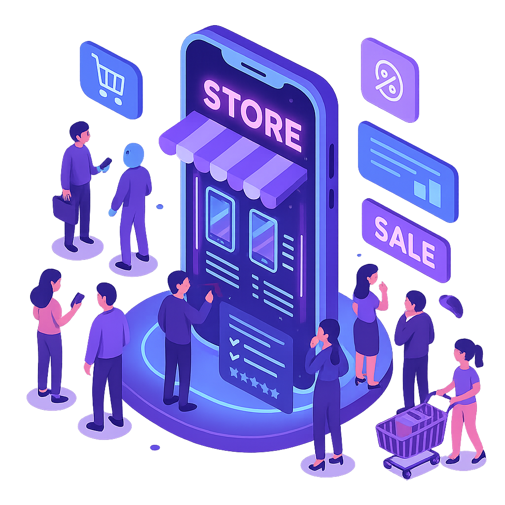 Illustration of people engaging with a mobile-friendly online store website, representing custom responsive business web design that sells